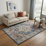 5' X 8' Ivory Blue and Orange Floral Medallion Distressed Non Skid Area Rug