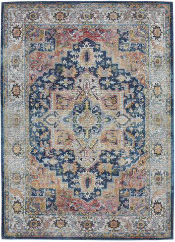 5' X 8' Ivory Blue and Orange Floral Medallion Distressed Non Skid Area Rug