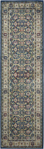 8' Navy Blue and Yellow Floral Distressed Non Skid Runner Rug