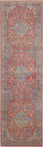 8' Blue and Red Floral Medallion Distressed Non Skid Runner Rug