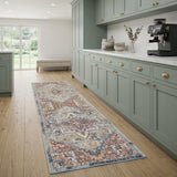 8' Blue and Red Floral Distressed Runner Rug