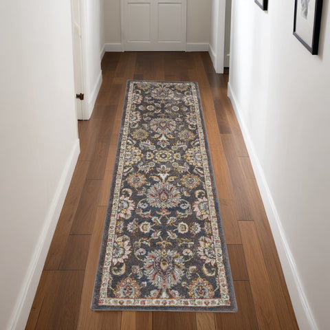 8' Charcoal Brown and Yellow Floral Distressed Runner Rug