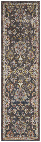 8' Charcoal Brown and Yellow Floral Distressed Runner Rug