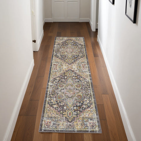 8' Charcoal Brown and Yellow Floral Distressed Runner Rug