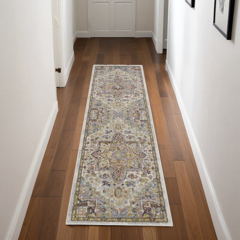 8' Ivory Green and Gray Floral Runner Rug