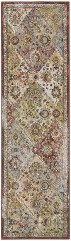 8' Green and Ivory Floral Distressed Runner Rug