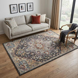 5' X 7' Charcoal Brown and Yellow Floral Medallion Distressed Area Rug