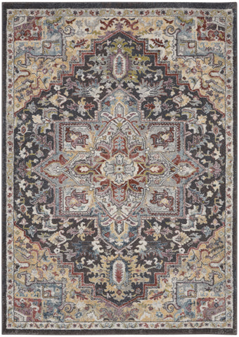 5' X 7' Charcoal Brown and Yellow Floral Medallion Distressed Area Rug