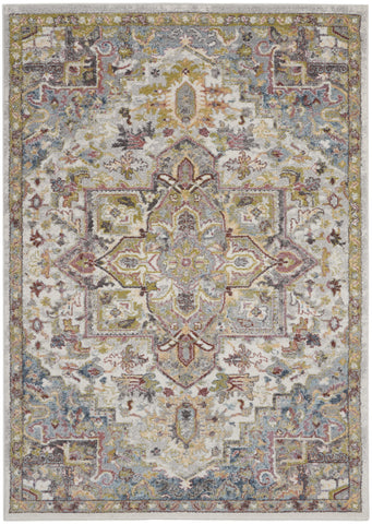 5' X 7' Ivory Green and Gray Floral Medallion Area Rug