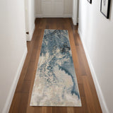 10' Ivory Teal Blue and Black Abstract Non Skid Runner Rug