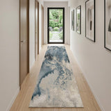 12' Ivory Teal Blue and Black Abstract Non Skid Runner Rug