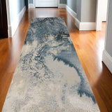 12' Ivory Teal Blue and Black Abstract Non Skid Runner Rug