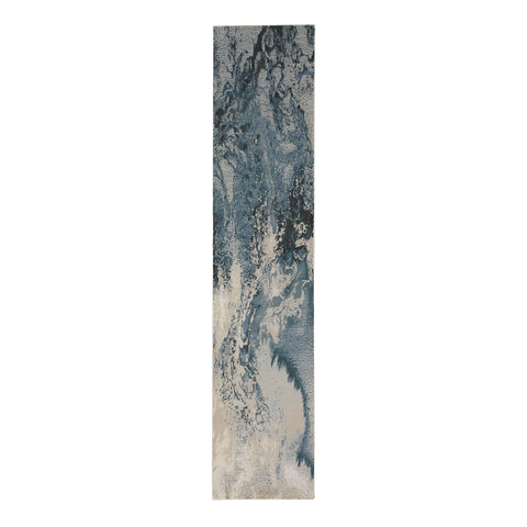 12' Ivory Teal Blue and Black Abstract Non Skid Runner Rug