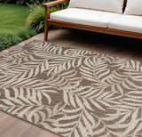 9' X 12' Brown And Ivory Palm Leaf Indoor Outdoor Area Rug