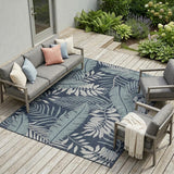 9' X 12' Navy Blue And Ivory Palm Leaf Indoor Outdoor Area Rug