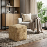 18" Natural Jute Blend Cube Striped Pouf Ottoman