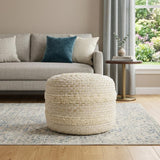18" Natural And Ivory Cotton Blend Round Striped Pouf Ottoman