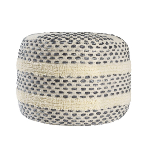 18" Ivory And Blue Cotton Blend Round Striped Pouf Ottoman