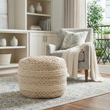 18" Ivory And Brown Cotton Blend Round Striped Pouf Ottoman