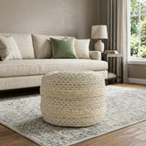 18" Ivory And Green Cotton Blend Round Striped Pouf Ottoman