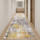 10' Gray And Yellow Abstract Runner Rug