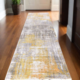 10' Gray And Yellow Abstract Runner Rug