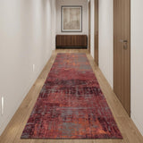 10' Gray And Red Abstract Runner Rug