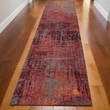 10' Gray And Red Abstract Runner Rug