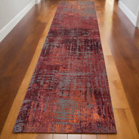 10' Gray And Red Abstract Runner Rug