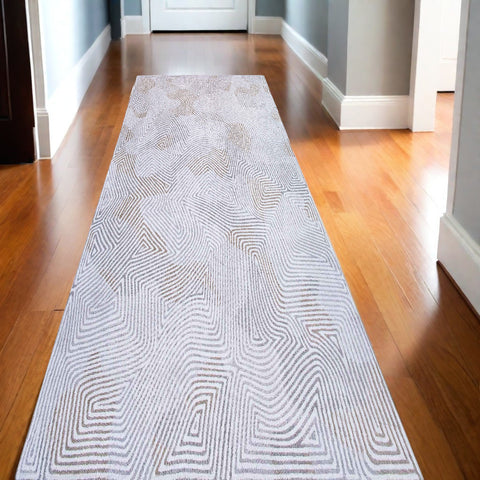 10' White Abstract Runner Rug