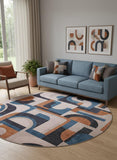 8' Gray And Beige Geometric Washable Round Rug