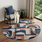 5' Gray And Beige Geometric ,Washable, Non Skid Round Rug