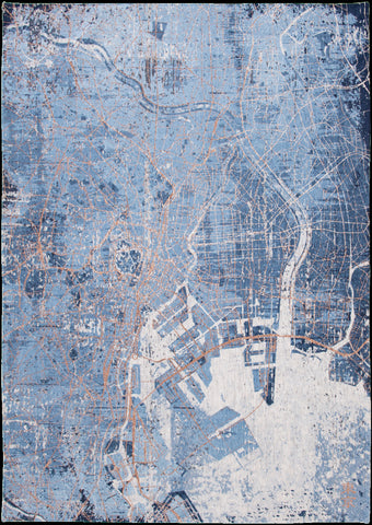 7' X 9' Blue and Black Abstract Non Skid Area Rug