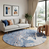 8' Blue and Black Round Abstract Non Skid Area Rug