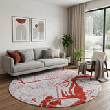 8' Red and White Round Abstract Non Skid Area Rug