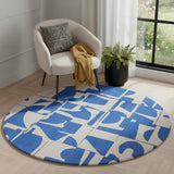 5' Blue And White Geometric Washable Round Rug