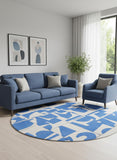 8' Blue And White Geometric Washable Round Rug