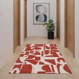 10' Red And White Geometric Washable Runner Rug