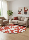 8' Red And White Geometric Washable Round Rug