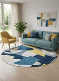 8' Blue And Yellow Abstract Washable Round Rug