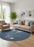 8' Blue And White Abstract Washable Round Rug