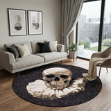 8' Black and White Round Funky Skull Non Skid Area Rug