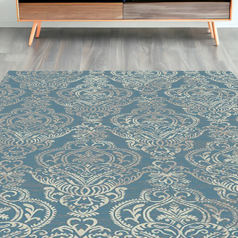 5' X 8' Blue and Beige Damask Distressed Area Rug
