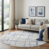 8' Ivory and Blue Abstract Distressed Round Rug