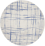 8' Ivory and Blue Abstract Distressed Round Rug