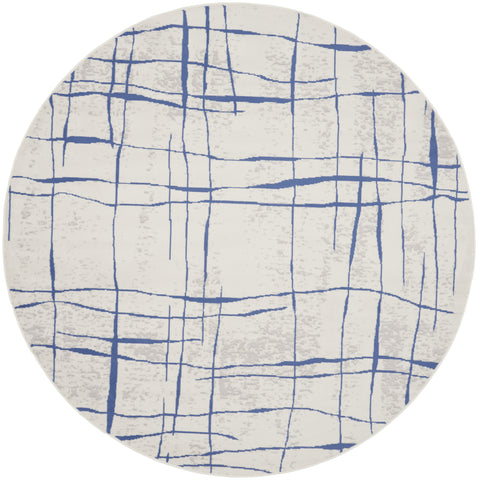 8' Ivory and Blue Abstract Distressed Round Rug