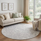 8' Ivory and Gray Floral Distressed Round Rug