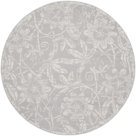 8' Ivory and Gray Floral Distressed Round Rug