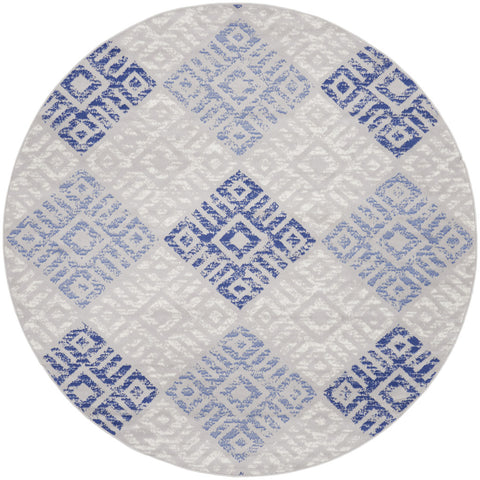 8' Beige Blue and Gray Geometric Round Rug