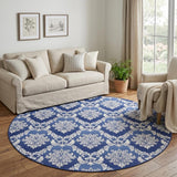 8' Ivory and Blue Damask Distressed Round Rug